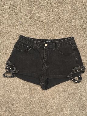 Nasty Gal Black Distressed High-Waist Studded Strap Denim Shorts